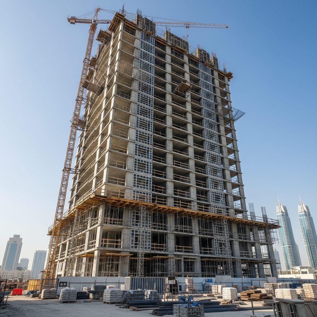 High-rise reference building under construction — 30 storeys above grade with 3 basement levels