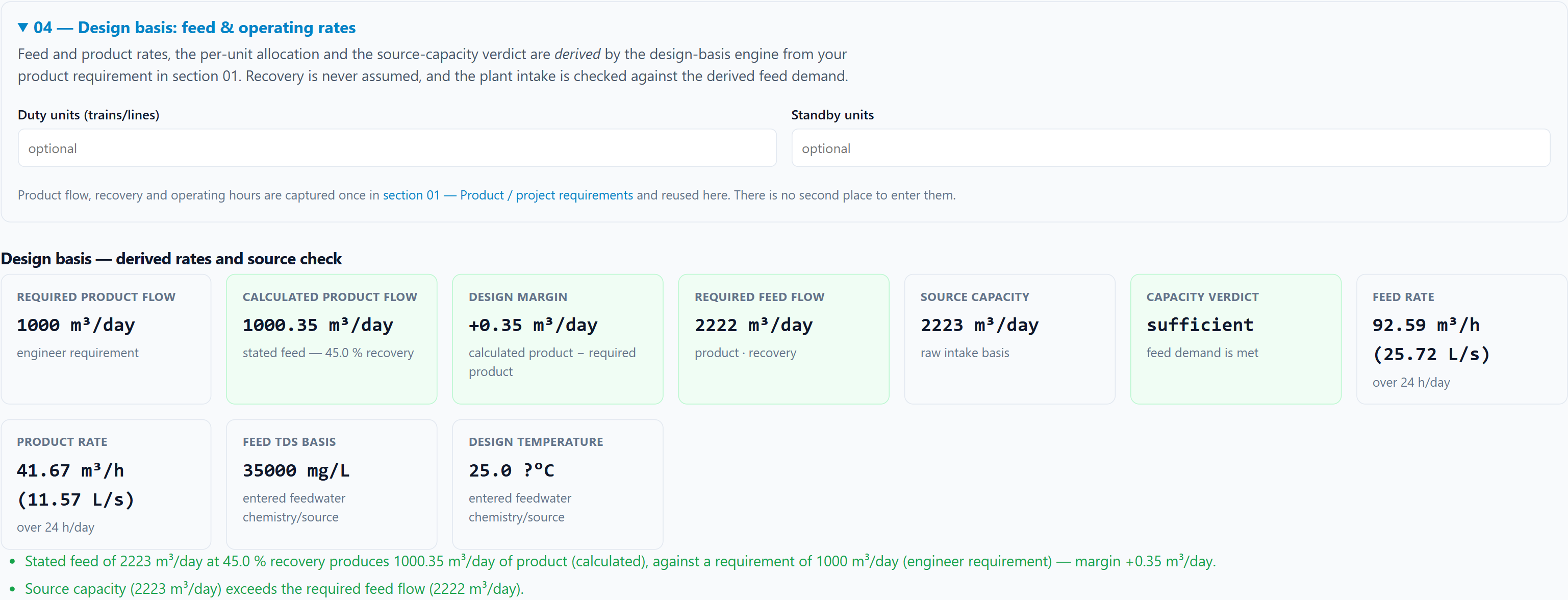 The Design basis stage of the desalination Plant Designer, showing derived feed and product rates alongside the source capacity verdict.