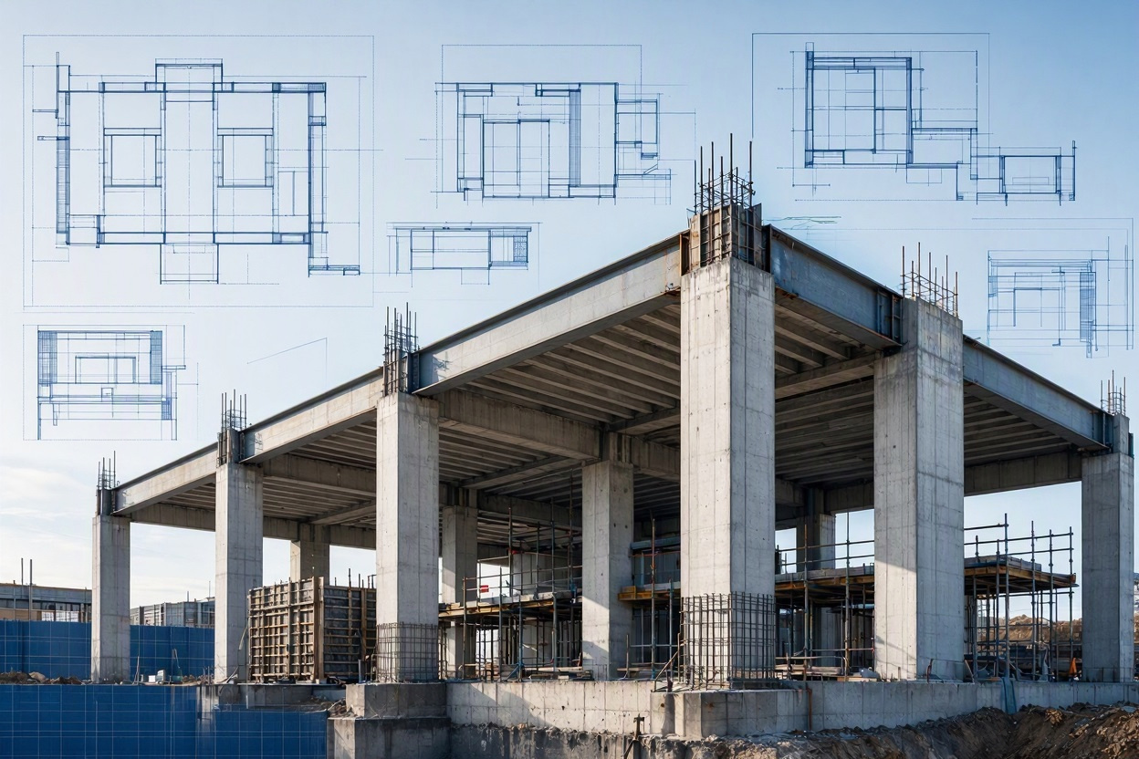 Reinforced concrete frame under construction, with structural drawings overlaid.