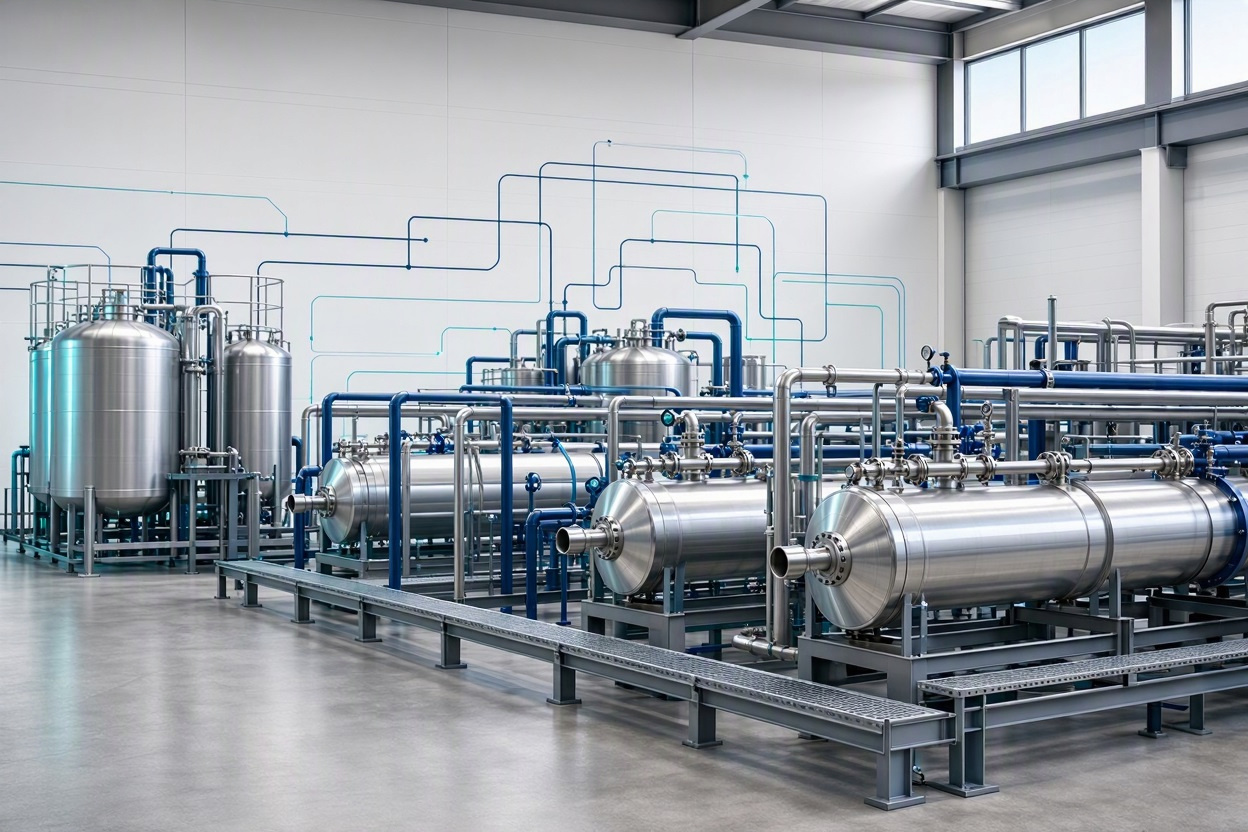 Membrane filtration skids and vessels in a water treatment train.