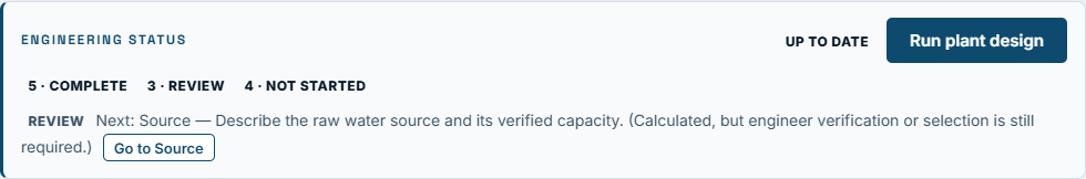 Engineering status bar showing the design is up to date after running, with stage counts for complete, review and recalculate.
